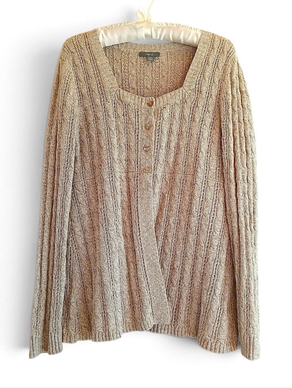 Apt. 9 Taupe Cable-Knit Scoop Neck Cardigan Retro Top Button Swing Sweater XL